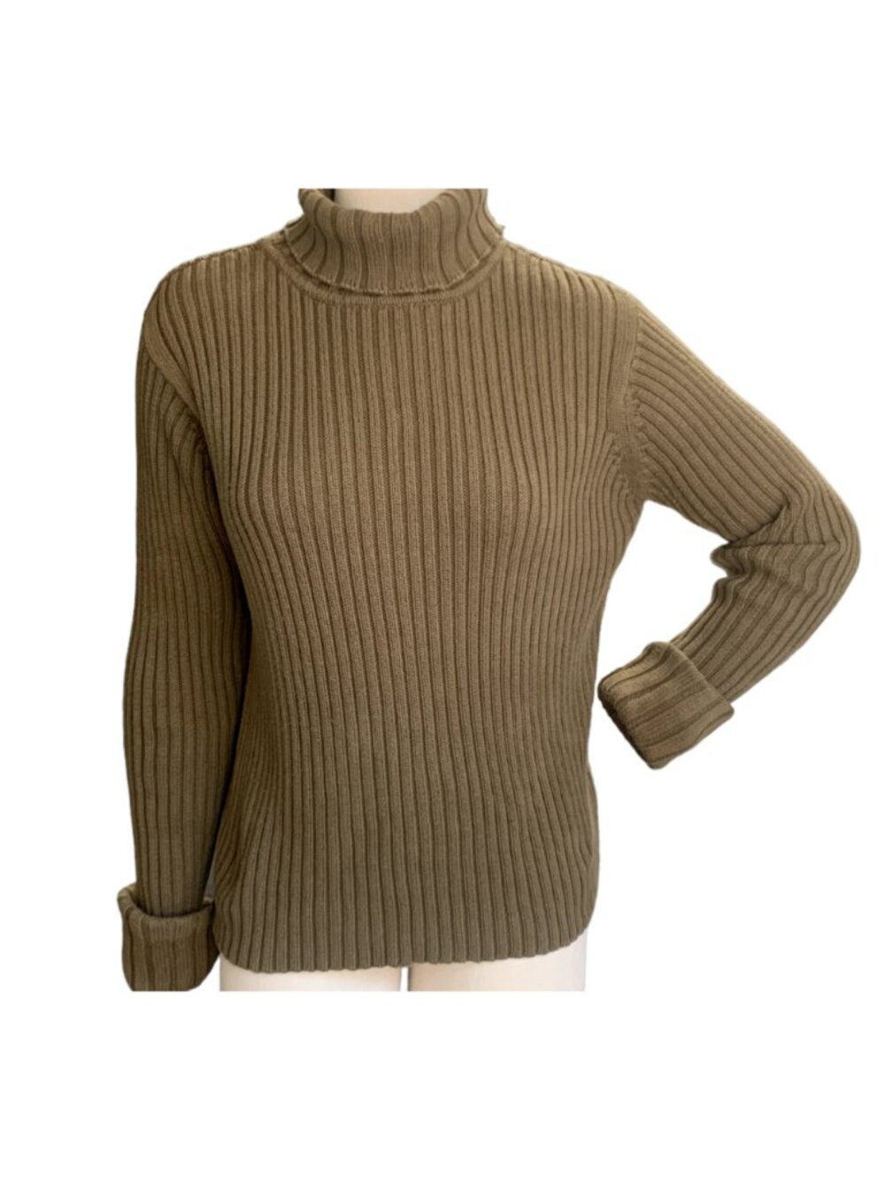 J. Jill Ribbed Knit Turtleneck‎ Sweater Sz M Khaki-Tan #76D